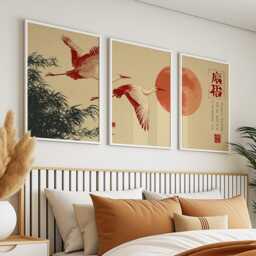 Red Crane Posters Set Of 3, Japanese Nature Art Prints Wall Decor - thumbnail 4