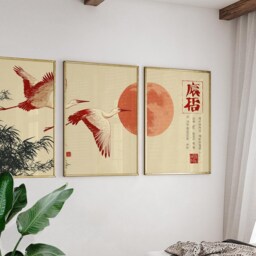 Red Crane Posters Set Of 3, Japanese Nature Art Prints Wall Decor - thumbnail 2