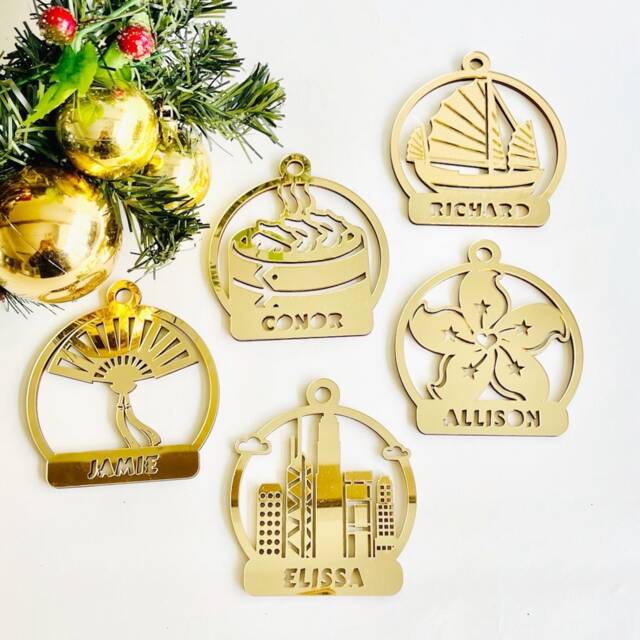 Hong Kong Love Set - Personalized Xmas Ornament Set - Bauble Christmas Tree Decor Wood & Mirror Ornament Gift - image 1