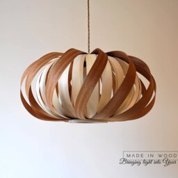Modern Wood Veneer Ceiling Light Twisted Sapele & Ash Lampshade - thumbnail 2