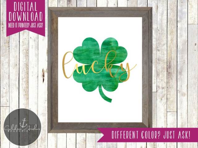 st. Patrick's Day Printable, Wall Art, Print, Four Leaf Clover, Shamrock, Lucky, Gold, Green, Irish - Printable Diy