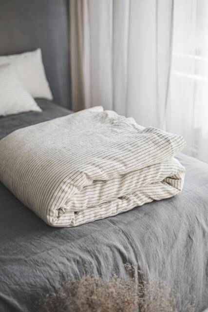 White Linen Duvet Cover With Black Stripes, King, Queen, Twin Custom Size Bedding Coconut Buttons, Natural Softened Cover - image 1