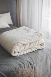 White Linen Duvet Cover With Black Stripes, King, Queen, Twin Custom Size Bedding Coconut Buttons, Natural Softened Cover - thumbnail 1