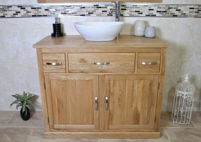 Solid Oak Bathroom Vanity Unit - Ceramic Basin, Double Door Cabinet - image 1
