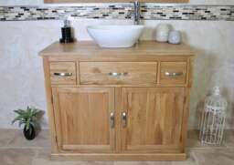 Solid Oak Bathroom Vanity Unit - Ceramic Basin, Double Door Cabinet - thumbnail 1