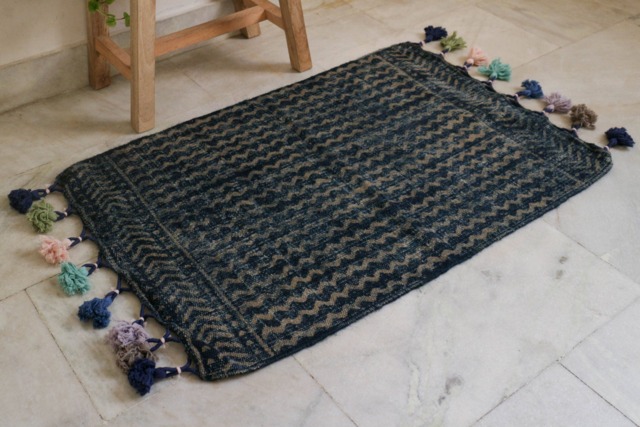 Handmade Indigo Jute Rug With Pom Poms Geometric Block Print - 2 X 3 Ft - image 1