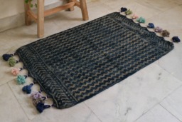 Handmade Indigo Jute Rug With Pom Poms Geometric Block Print - 2 X 3 Ft - thumbnail 1