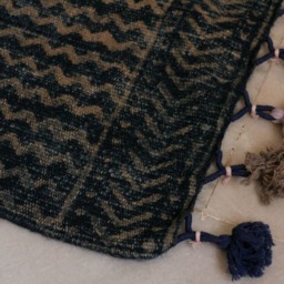 Handmade Indigo Jute Rug With Pom Poms Geometric Block Print - 2 X 3 Ft - thumbnail 2