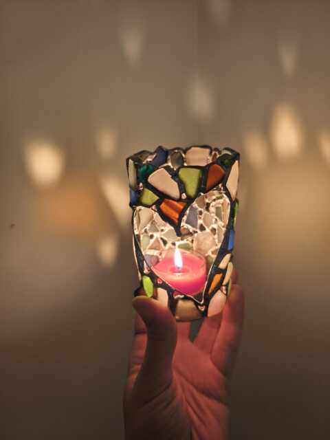 Heart Sea Glass Candle Holder Or Night Light, Upcycled Tealight Holder, Openwork Rustic Decor, Recycled Art - image 1