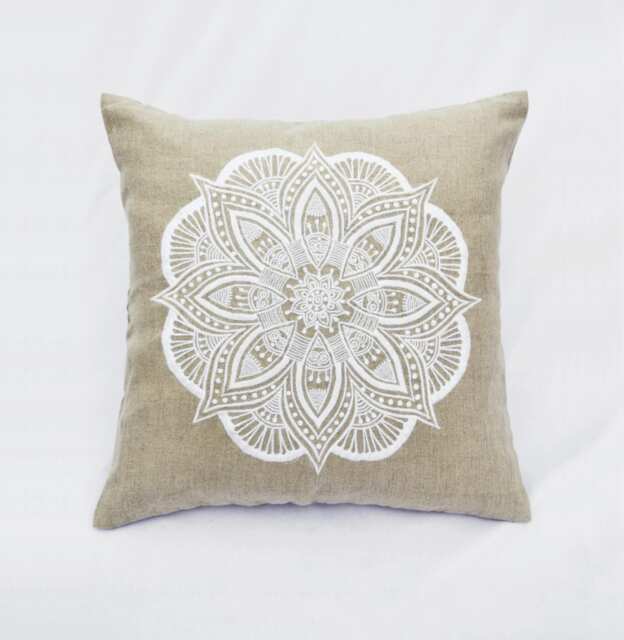 "Embroidered Mandala Linen Pillow Cover, Indian Tribal Design - 16""x16" - image 1