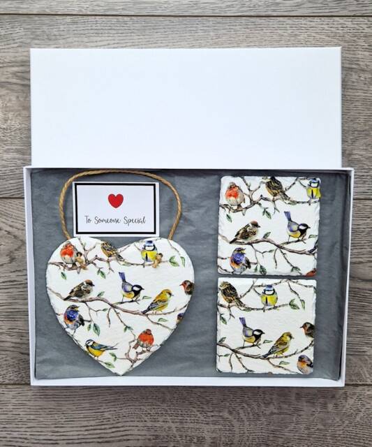 Bird Decoupage Slate Heart Wall Hanging & Coaster Set - image 1