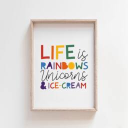 Girls Nursery Prints, Unicorns, Rainbow Bedroom Decor, Wall Art, Playroom, Quote, Colourful - thumbnail 1