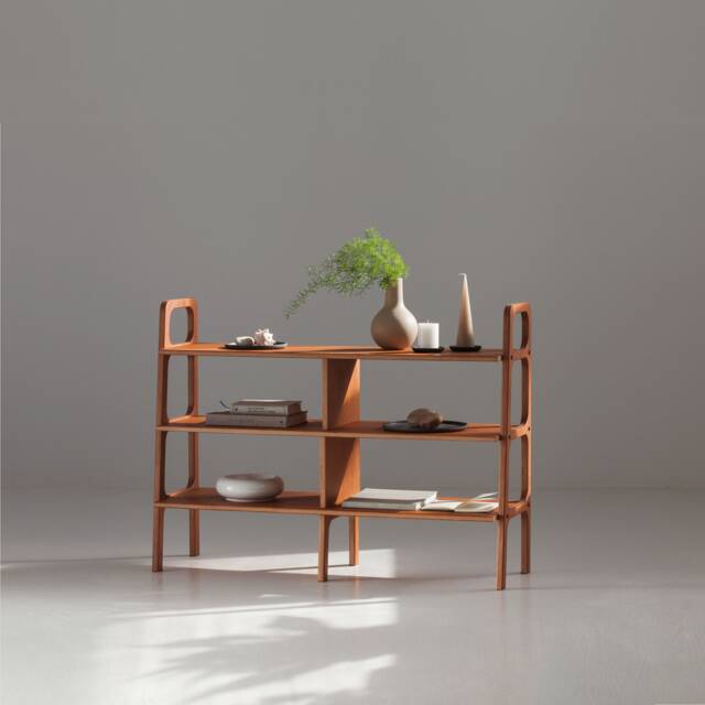 Wooden Bookshelf, Mid Century Modern Ladder Bookcase Custom Shelving Unit, Walnut Bookshelves - image 1