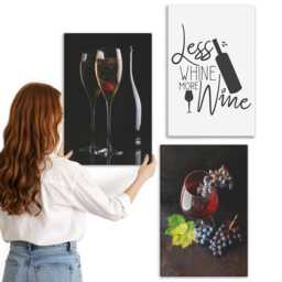 3 Piece Canvas Set - Glasses Of Wine With Grapes & An Text About Wine, Black Wall Art, Food Drinks Hanging - thumbnail 3