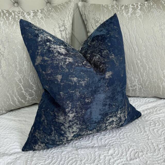 Handmade Navy Marble Cushion Cover, Designer Clarke & Fabric, Double Sided, Sofa Bed Living Decor - image 1