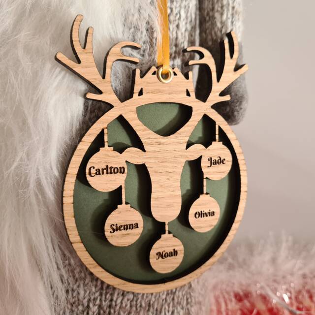 Reindeer Family Bauble Personalised Oak Christmas Decoration - image 1