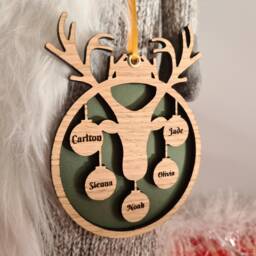 Reindeer Family Bauble Personalised Oak Christmas Decoration