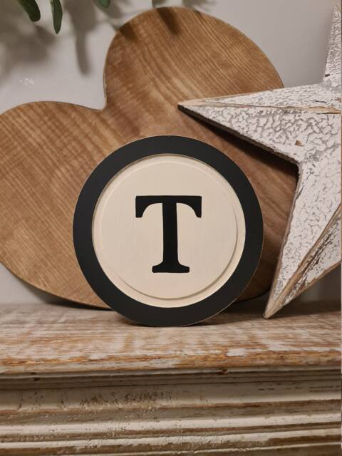 Rustic Letter T Sign Cream & Black Monogram Wall Decor - 8 Inch - image 1