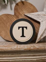 Rustic Letter T Sign Cream & Black Monogram Wall Decor - 8 Inch - thumbnail 1