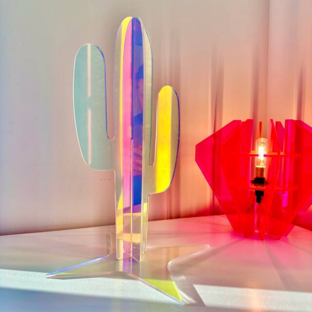 Holographic Acrylic Cactus Sculpture Iridescent Home Decor - 16 Inch - image 1