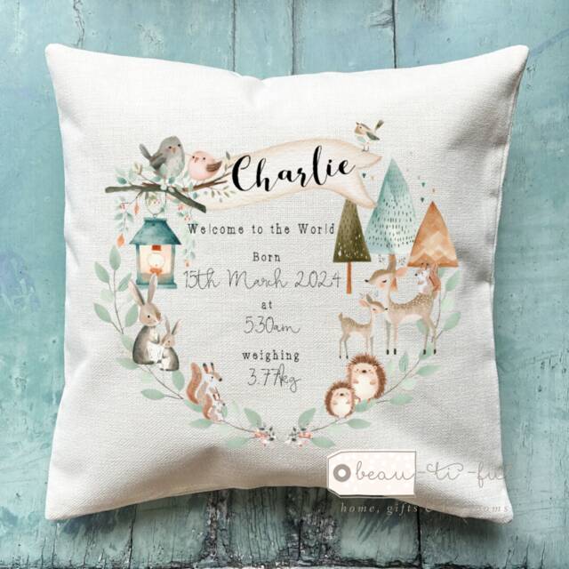 Personalised New Baby Girl Boy Gift Woodland Animals Linen Style Cushion - Newborn Birth Niece Goddaughter Neutral Gift
