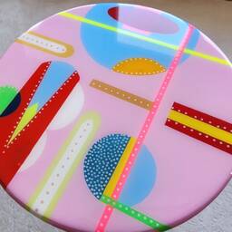 Hand Painted Resin Coffee Table, Pink Blue Abstract Geometric Art, Boho Eclectic Style - thumbnail 4