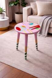 Hand Painted Resin Coffee Table, Pink Blue Abstract Geometric Art, Boho Eclectic Style - thumbnail 1
