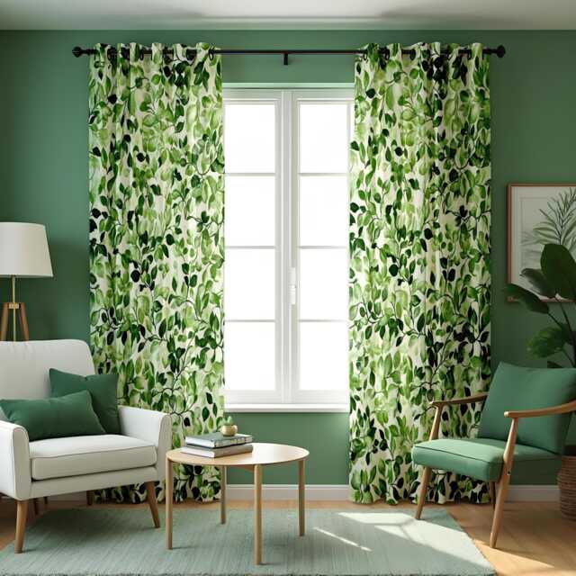 Green Leaf Botanical Curtains, Nature Window Drapes, Modern Tropical Print Panels, Custom Made Sizes Eyelet Or Rod Pocket Options - image 1