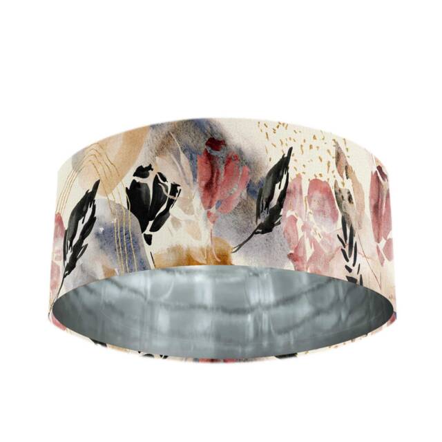 Cream Velvet Lampshade, Abstract Watercolor Print, Mirror Silver Lining - image 1