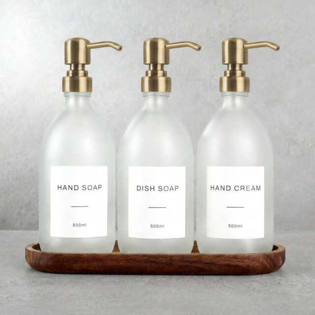 Acacia Tray & Frosted White Dispenser Set - Labelled Refillable Bottle With Gold Pump & Label - For Shampoo, Hand Soap, Cream, Body Wash - image 1