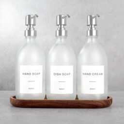 Acacia Tray & Frosted White Dispenser Set - Labelled Refillable Bottle With Gold Pump & Label - For Shampoo, Hand Soap, Cream, Body Wash - thumbnail 3