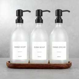 Acacia Tray & Frosted White Dispenser Set - Labelled Refillable Bottle With Gold Pump & Label - For Shampoo, Hand Soap, Cream, Body Wash - thumbnail 2
