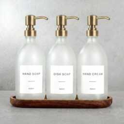 Acacia Tray & Frosted White Dispenser Set - Labelled Refillable Bottle With Gold Pump & Label - For Shampoo, Hand Soap, Cream, Body Wash