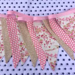 Dusky Pink Bunting - 11 Flags 8Ft Long With Ties, Dusky Wall Decoration, Floral Bunting - thumbnail 3