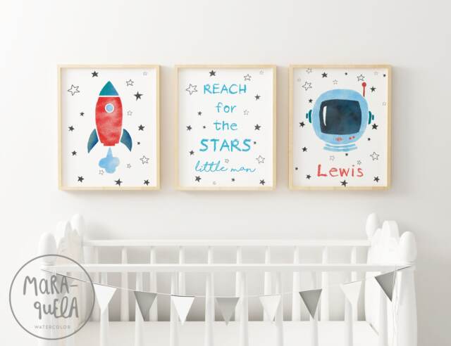 Little Astronaut Set - Space Decor For Kids & Baby Blue Red Colors Reach The Stars Prints Little Astronauts, Spaceship - image 1