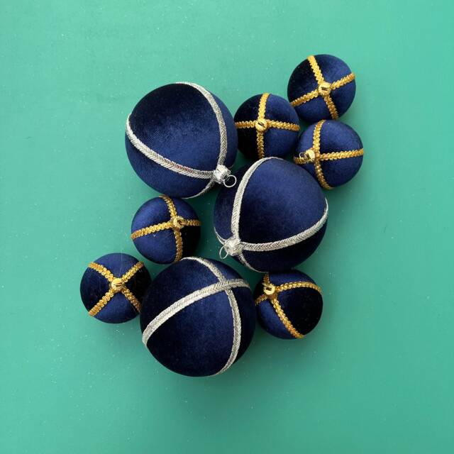 Limited Edition Deep Blue Velvet Bauble - Handmade Silver Trim Eco-Friendly Christmas & Diwali Decor Unique Gift 8 cm - image 1