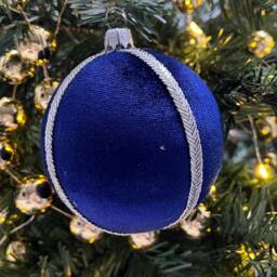 Limited Edition Deep Blue Velvet Bauble - Handmade Silver Trim Eco-Friendly Christmas & Diwali Decor Unique Gift 8 cm - thumbnail 4