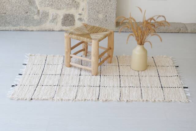 Medium Cream Rug, Check Bathroom Kitchen Bedroom Nursery Portuguese Bohemian Rustic Washable Rug - image 1