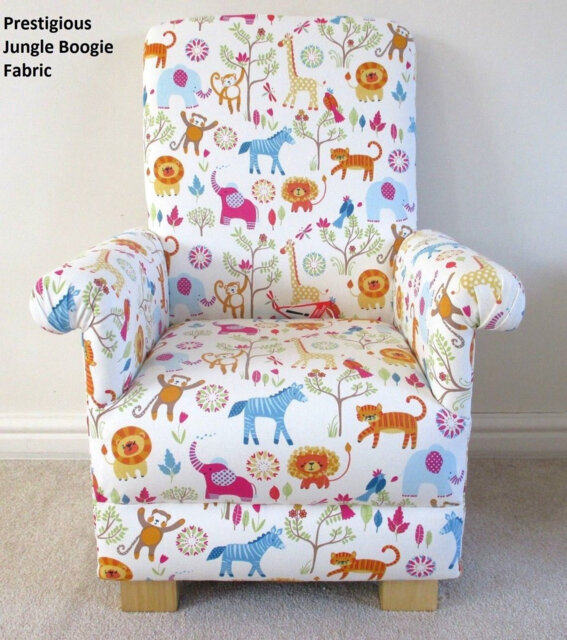 Handcrafted Children's Armchair Jungle Animals Fabric, Nursery Chair Dinosaurs Monkeys Kids Boys Girls Seat Teal Velvet Trucks Diggers Blue - image 1