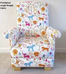 Handcrafted Children's Armchair Jungle Animals Fabric, Nursery Chair Dinosaurs Monkeys Kids Boys Girls Seat Teal Velvet Trucks Diggers Blue - thumbnail 1