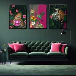 Tropical Maximalist Wall Art Set Of 3 - Jungle Animal Prints Leopard & Lemur Disco Ball Dark Pink Hummingbird Print - thumbnail 3