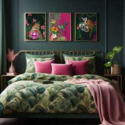 Tropical Maximalist Wall Art Set Of 3 - Jungle Animal Prints Leopard & Lemur Disco Ball Dark Pink Hummingbird Print - thumbnail 2