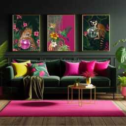 Tropical Maximalist Wall Art Set Of 3 - Jungle Animal Prints Leopard & Lemur Disco Ball Dark Pink Hummingbird Print - thumbnail 1