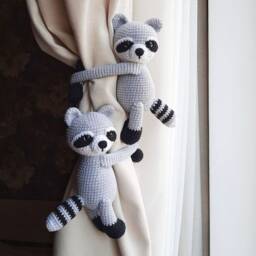 Raccoon Curtain Tie Back Animal Backs Nursery Decor Neutral Holder Raccoon - thumbnail 2