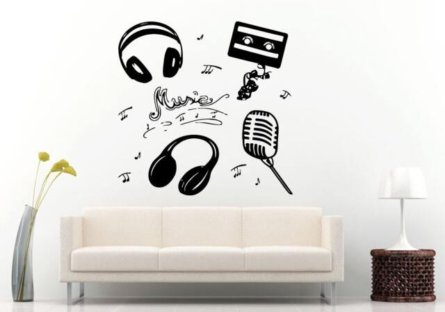 Dj Music Headphones Microphone Cassette Tape Melody Notes Wall Decal Vinyl Sticker Mural Room Decor L1237 - image 1