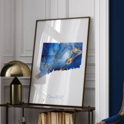 Connecticut Map Blue & Gold Wall Art Print - Us State United States Of America Usa - thumbnail 1