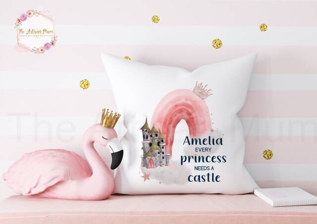 Personalised Children's Princess Cushion, New Baby Gift Pillow, Gifts For Birthdays, Princess Name Kid's Gift, Castle - image 1