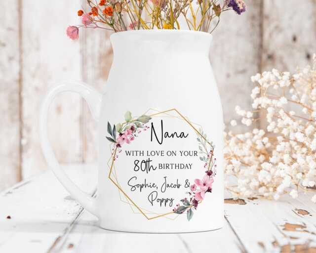 Personalised Milk Jug Style Ceramic Vase, Any Age Birthday Gift, Small Flower Home Decor, Relation Mum Nana Nanny, 60Th 70Th 80Th - image 1