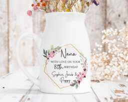Personalised Milk Jug Style Ceramic Vase, Any Age Birthday Gift, Small Flower Home Decor, Relation Mum Nana Nanny, 60Th 70Th 80Th - thumbnail 1