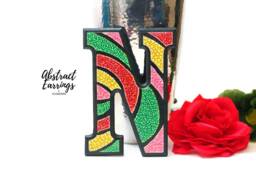 Letter N Hand Painted Sign Colorful Pointillism Dot Art, Eclectic Home Decor - thumbnail 1
